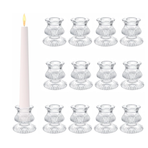 12 Pcs Tapered Candlestick Holders Small Short Taper Candle Holders Bulk Glass Candle Holder for Wedding, Table Centerpiece, Home Decoration (Stripe Pattern)
