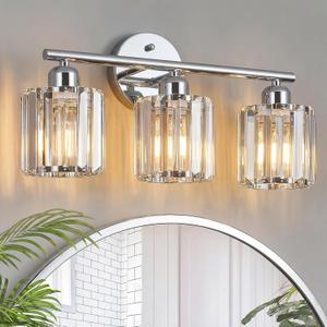 Modern 3 Light Crystal Vanity Light, Chrome Vertical Bathroom Light Fixture Over Mirror for Dressing Table Sink, Compatible with Dimmable Bulbs (Bulbs Not Included)
