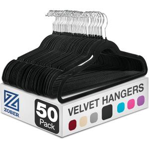 ZOBER Black Velvet Hangers 50 Pack - Clothes Hangers, Coat Hanger for Pants & Dress Clothes - Non Slip w/ 360 Degree Swivel, Holds up to 10 lbs - Strong Felt Hanger for Clothing