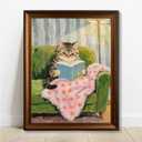 Framed Cat Reading Books Canvas Wall Art Cute Sofa Cat Reading Books Wall Decor Pictures Funny Animal Poster Prints for Bedroom Reading Nook Kids Girls Room 8x12 in