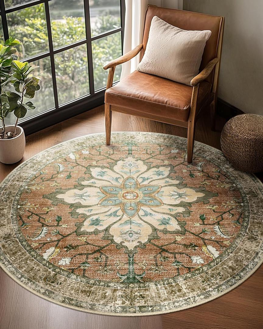 Area Rugs 4ft Washable Non-Slip, Floral Vintage Distress Print Pattern Medallion Carpet for Living Room Bedroom Dining Room, Brick Red Rust Neutral Brown Burnt Orange