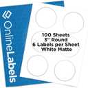 OnlineLabels 3" Round Labels – Removable Adhesive, White Matte – Great for Jar Lids, Product Labels, & More – for Inkjet & Laser Printers –Pack of 600, 100 Sheets OL2279WX