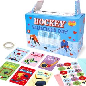 Fancy Land Hockey Valentines Box for Kids Mailbox with Cards Hockey Valentine's Day Craft Kits 30 Pack Greeting Cards Classroom Kids Exchange Gifts DIY Boys Girls