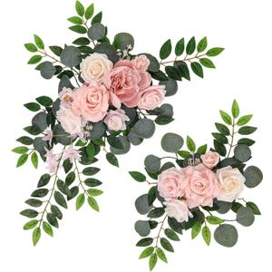 2 Pcs Wedding Arch Decorations, Wedding Arch Flowers Swag | Light Pink Silk Roses, Cream Ivory Blooms, Eucalyptus Greenery Swag, for Wedding Arches, Bridal Showers, and Baby Showers, 65*40cm and 45*30cm