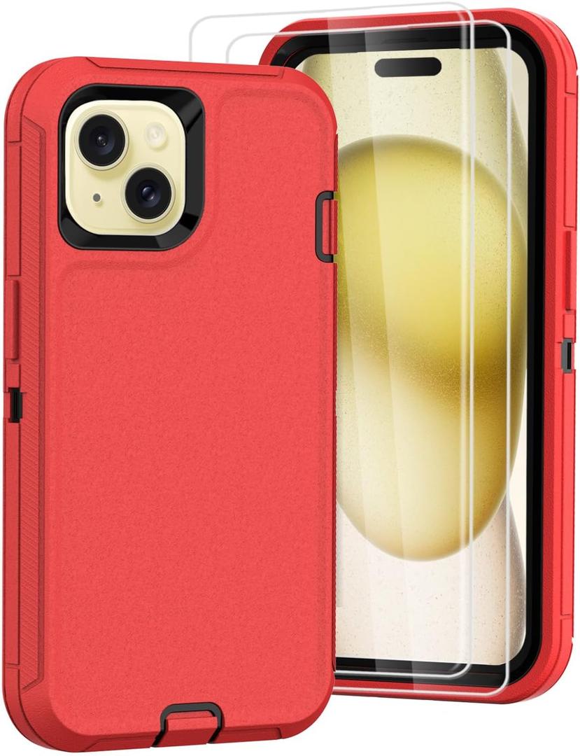 Tall silver for iPhone 15 Case with [2 Screen Protector ], Military Grade Shockproof Heavy Duty Drop Protection Rugged Case 6.1"(red Black)