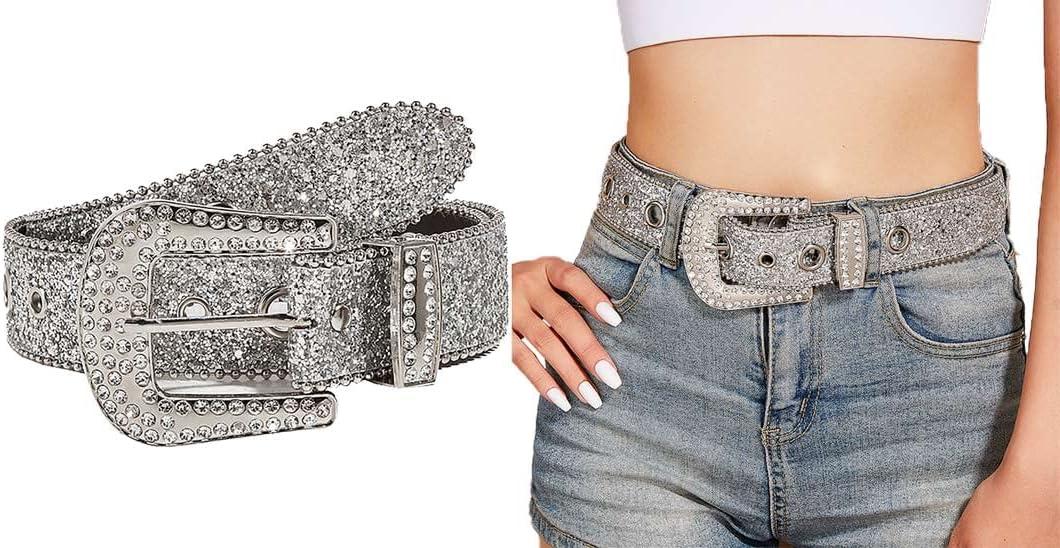 INOGIH Glitter Western Cowboy Style Rhinestone Belt Luxury Bling Bling Diamond Crystal Studded Belts for Jeans Pants Dress (105cm/Suit for 28''-37'' Waist, Silver)