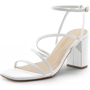 DREAM PAIRS Women's Heels Chunky Block Strappy Square Open Toe Ankle Buckle Heeled Sandals Wedding Party Dress Shoes Indie (8.5, White)