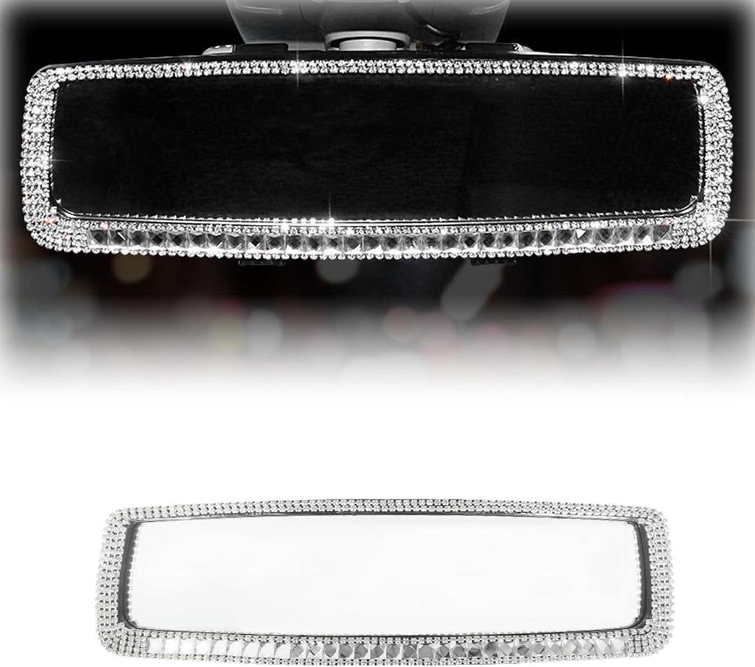 ZIMISI Bling Car Rear View Mirror, 10.51 Inch HD Glass Wide Angle Rearview Mirrors, Clip-on Crystal Diamond Panoramic Rear View Mirror Accessories, Bling Car Decorations for Women (Silver)