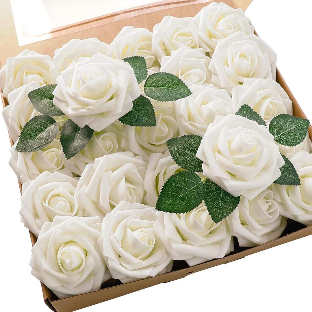 Floroom Artificial Flowers 25pcs Real Looking Ivory Foam Fake Roses with Stems for DIY Wedding Bouquets, White Bridal Shower Centerpieces, Arrangements Party Tables, Decorations