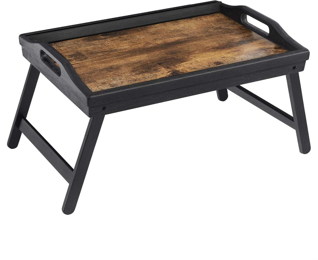 SONGMICS Bed Tray Table with Folding Legs, Sofa Breakfast Tray, Serving Tray with Groove for Phone Tablet, Rustic Dark Brown (16.5"W x 8.7"H)