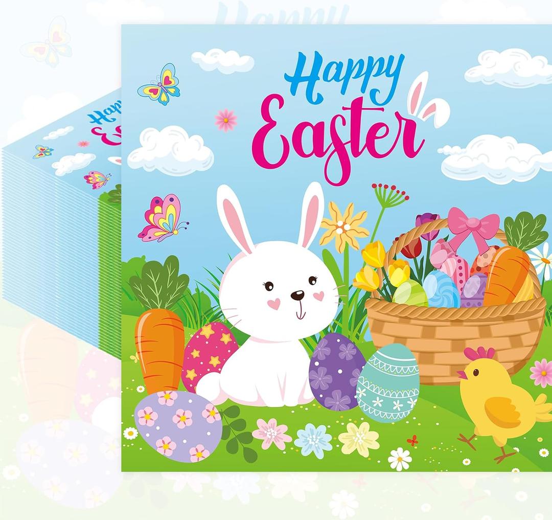 2 x Pack of 50, Happy Easter Napkins, Colorful Bunny and Egg Design Disposable Paper Napkins for Easter Table Decorations, Spring Birthday Holiday Party Supplies, 13x13 Inches Unfolded