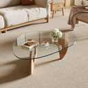 Modern Coffee Table for Living Room and Small Spaces, 43.3" x 29.5" x 15.8" Triangle Tempered Glass Table Top and Eco-Friendly Solid Wood Base, Natural Wood