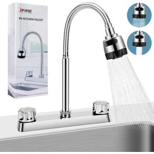 RV Kitchen Faucet, XFIRE-GEAR Camper Faucet Kitchen with Flexible Arc 360 Degree Rotatable Dual Function Sprayer, RV Sink Faucets for Motorhomes, Travel Trailers (8 Inches Apart) (Silver)
