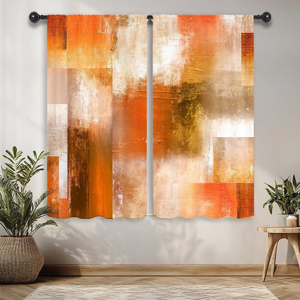 Riyidecor Burnt Orange Abstract Modern Curtains Cool Mens Aesthetic Colorful Oil Painting Checkered Multicolor Brown Rod Pocket Bedroom Retro Rustic Living Room Treatment Fabric 2 Panels 42Wx63H Inch