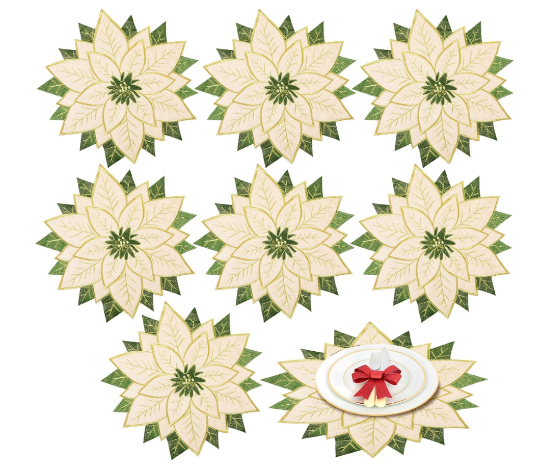 Poinsettia Placemats Set of 6 Neutral Embroidered Xmas Round Linen Cloth Place Mats Christmas Flower Table Mats Decorations for Xmas Winter Holiday Party Indoor Home Kitchen Dining