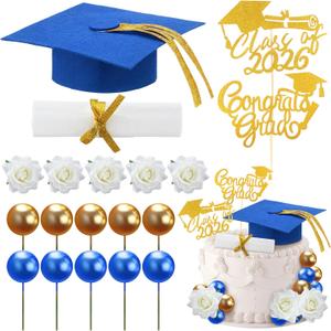 Maxdot 29 Pcs Graduation Cake Toppers Kit Included Grad Cap Diploma Balls Flowers Congrats Grad Cake Decorations for 2026 High School College Senior Graduation Party (Blue)