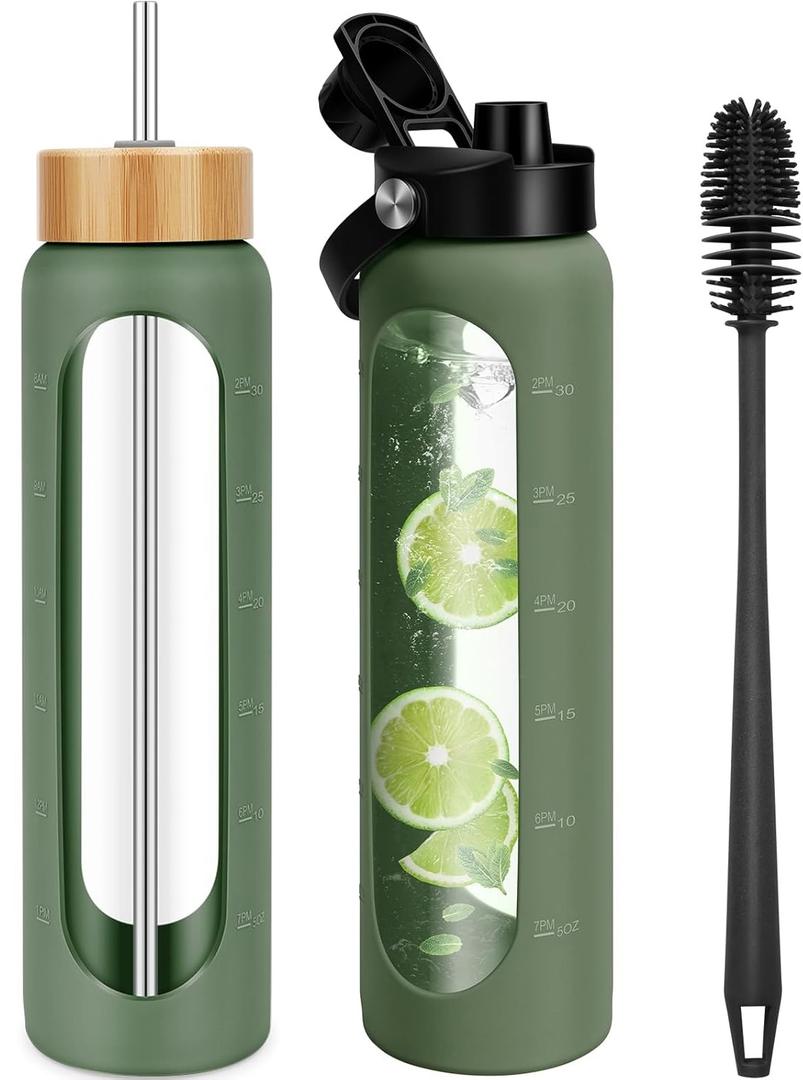 FULBEVY 32 oz Glass Water Bottles - 1 Liter Motivational Tumbler Water Bottle Time Marker - Borosilicate Glass Water Bottle With Silicone Sleeve and 2 Lids, Handle Spout & Bamboo Straw Lid