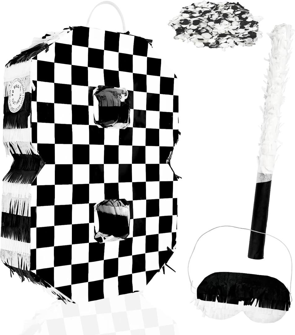 Checkered Number 8 Pinata Black and White Checkered Pinata with Stick and Blindfold Confetti for 8th Birthday Racing Car Party Game Supplies Race Car Pinatas