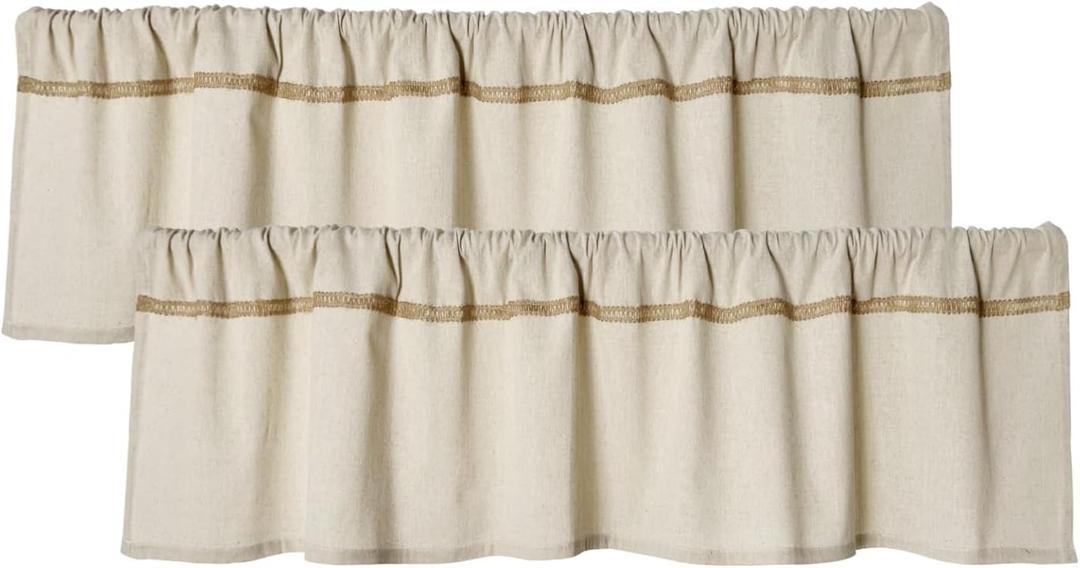 2 Pack Cotton Linen Valance for Windows with Burlap Lace Trim Rustic Farmhouse 12 inch Kitchen Valance Rod Pocket Neutral Short Curtain Topper Window Treatment