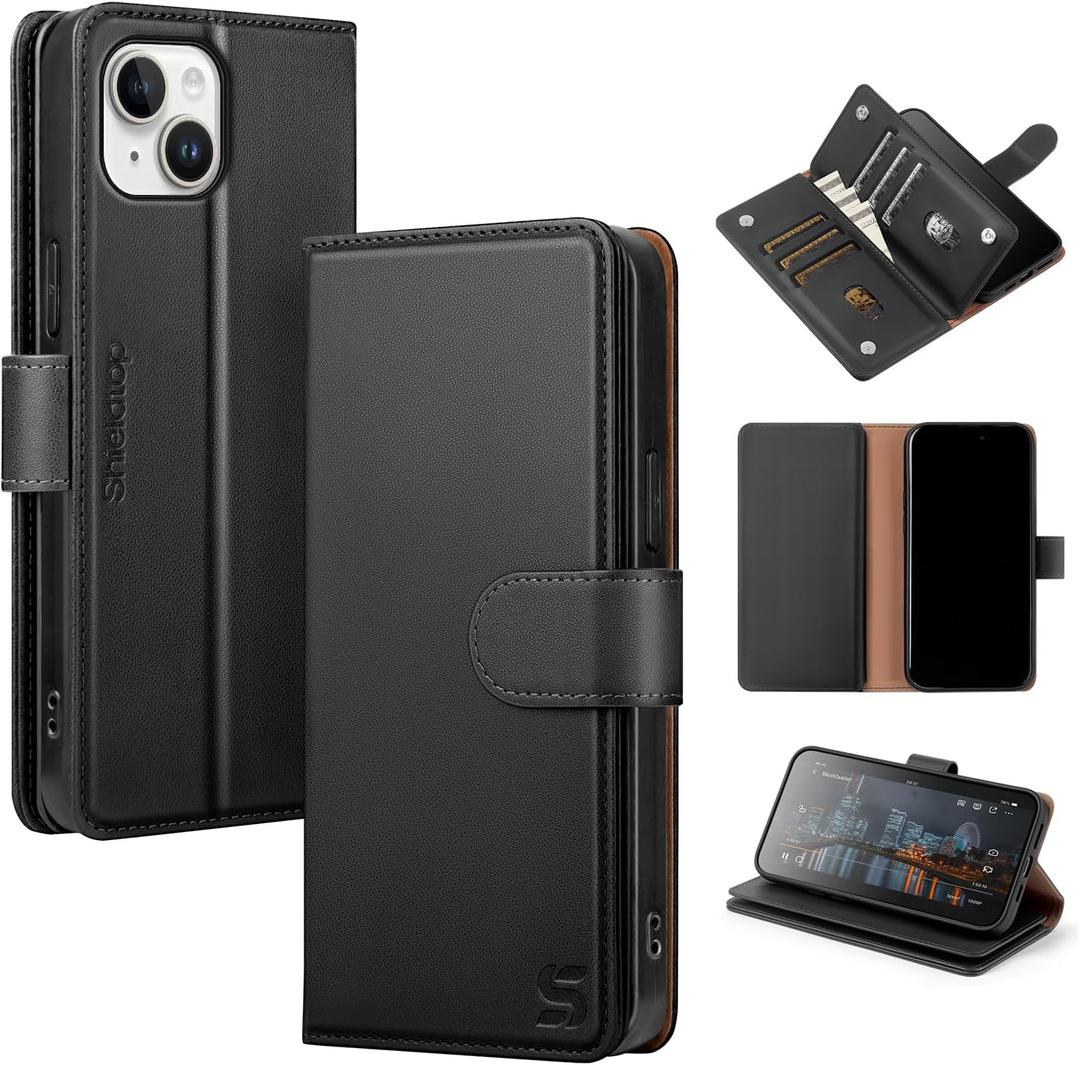 Shieldtop Compatible with iPhone 15 Wallet Case with Card Holder, Women Men RFID Blocking PU Leather Folio Flip TPU Protective Cover Credit Card Slots, Phone Case for Apple 15 6.1", Black