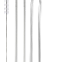 4 Reusable Metal Straws 8.75 inch 5 Piece Set with Silicone, Teal, Light Green, Purple, Pink