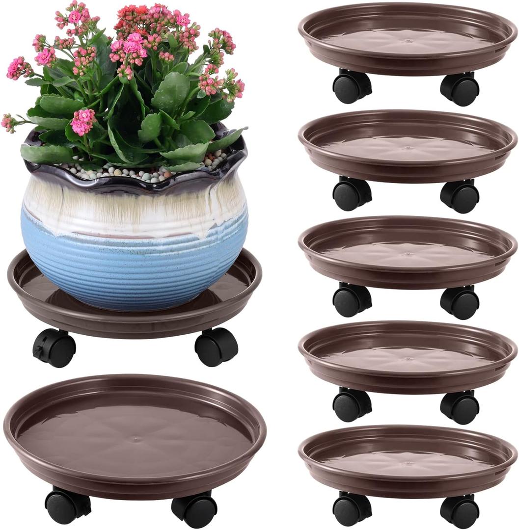 6 Packs Plant Caddy with Wheels 12" Plastic Rolling Stands Heavy-Duty Dolly with Casters Indoor Outdoor Coaster, Brown (Coffee Brown)