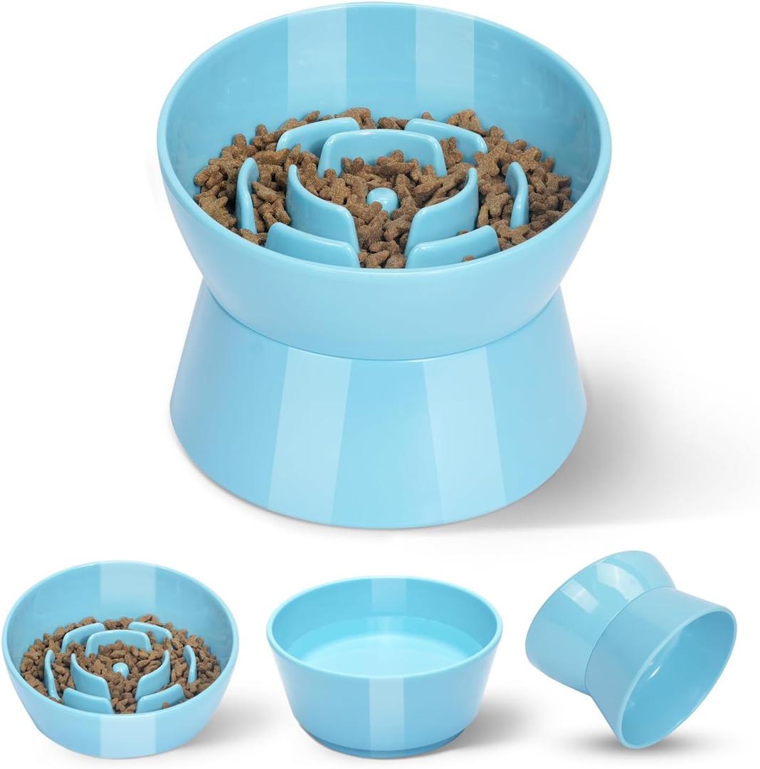 F FD Hub Tilted Raised Slow Feeder Bowl for Cats and Small & Medium Dogs, Raised Design Improves Posture, Spiral Inner Shape Prevents Fast Eating, Dishwasher Safe, 10 oz (Blue, L-Cats)