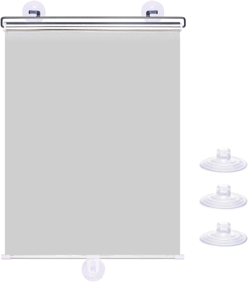 No Drilling Retractable Roller Window Shades W/3 Suction Cups, Black Blackout Blind Shade Temporary Cover Curtain for Home Bedroom Car (49.21" L22.83" W, Silver Coating)