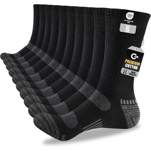 Mens Cotton Boot Crew Socks, 5 Pairs Full Cushion Socks Moisture-Wicking & Reinforced for Work Hiking Walking Outdoor (Black)
