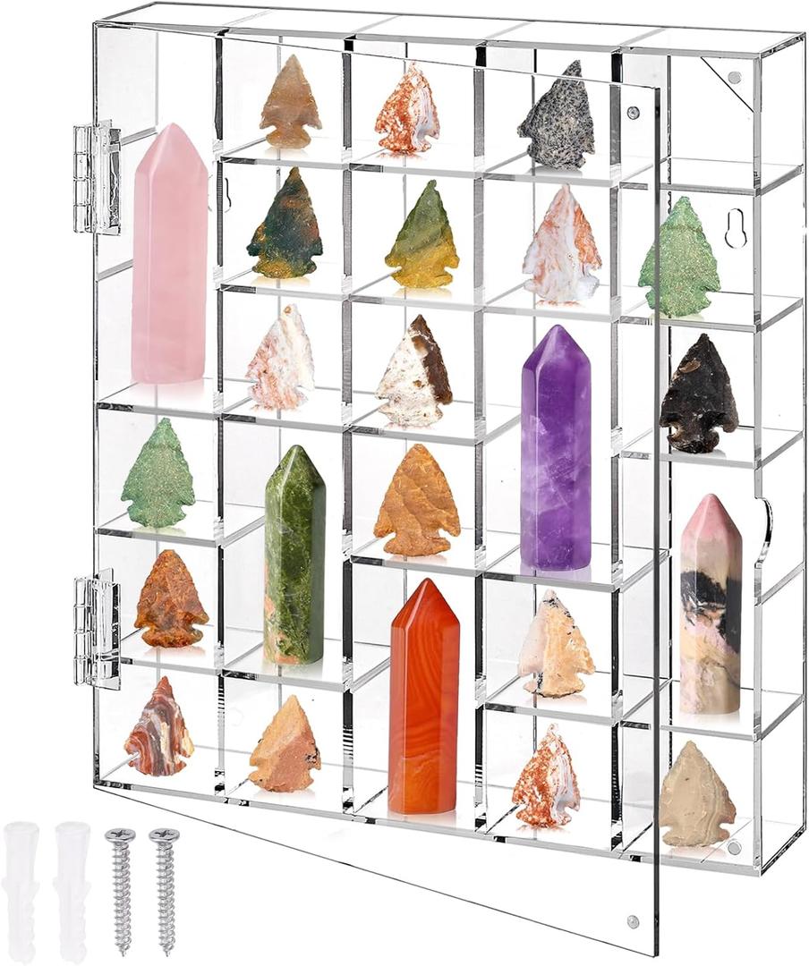 Jucoan 30 Grids Adjustable Rock Display Case, Clear Wall Mounted or Desktop Acrylic Rock Collection Organizer Display Shadow Box with Door for Arrowhead Rock, Crystal, Gems, Collectibles