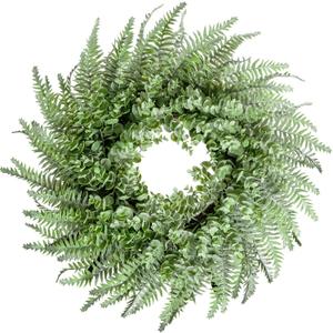 26'' Eucalyptus and Boston Ferns Wreath for Front Door - Artificial Eucalyptus Leaves Greenery Outdoor Wreath for Wedding Farmhouse Porch Wall Room Home Decor (Gray-Green)