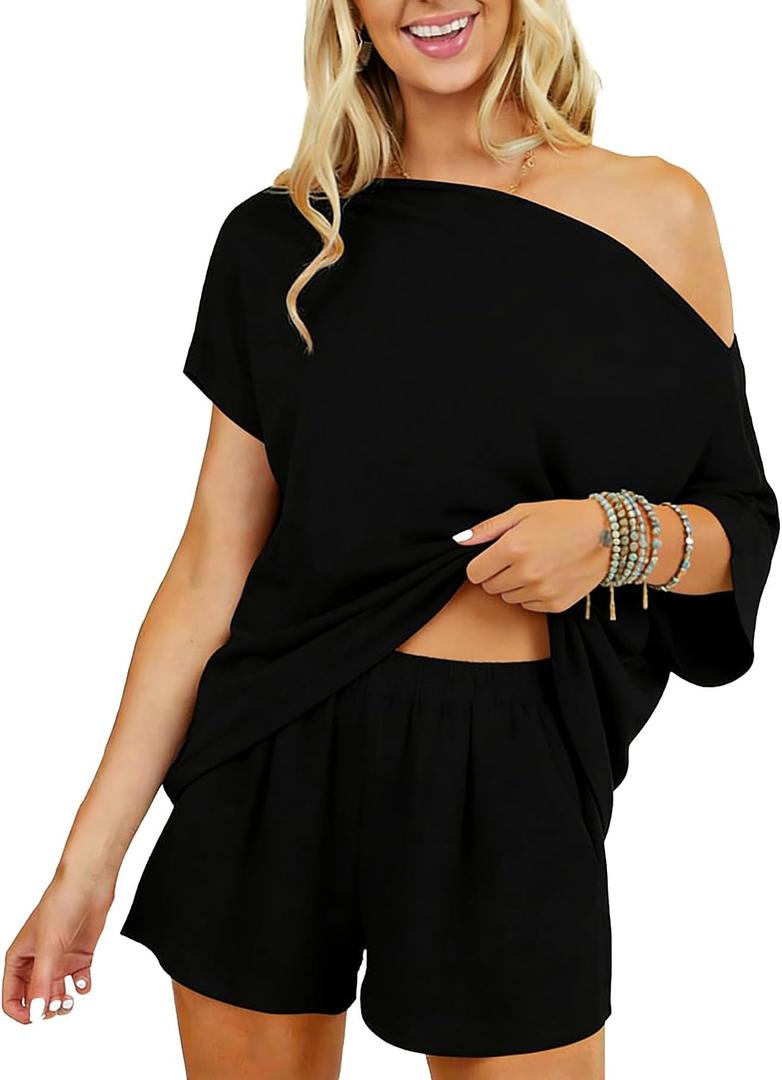 Dressmine 2 Piece Short Sets for Women Sexy Lounge Pjs Cute Batwing Off Shoulder Top Shorts Pajamas Summer Outfits (Black, M)