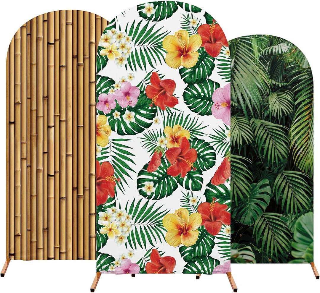 Set of 3 Hawaii Arch Backdrop Cover, 4ft, 5ft, 6ft Tropical Theme Birthday Party Decoration, Spandex Fitted Arch Stand Covers for Summer Beach Birthday Party (Colorful, Floral, Bamboo)