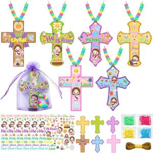 Watersay 36 Sets Easter Necklace Craft Kit Easter DIY Religious Cross Craft Kit Christian He is Risen Sticker and Beads Religious Gift Christian Decor for Sunday School Activities Church Art Project