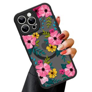 OOK Magnetic for iPhone 16 Pro Max Case Black Flowers Pink Design