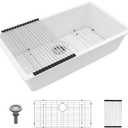 Lordear 33 Inch White Granite Composite Kitchen Sink Undermount | White Kitchen Sink Quartz Single Bowl Under Counter 33x19x9.65 Inch With Accessories