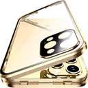 HENGHUI Lockable Case Compatible with iPhone 14 Pro Max Magnetic Glass Case with Camera Lens Protector Screen Protector Safety Lock 360 Full Body Glass Clear Bumper Cover (Gold)