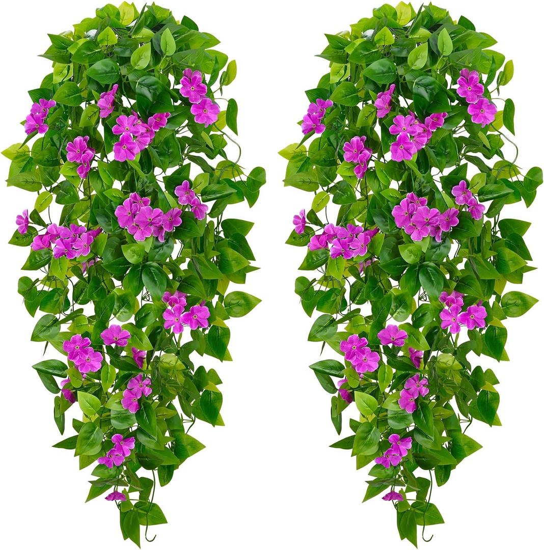 BLEUM CADE Artificial Hanging Flowers for Outdoors, 2pcs Fake Hanging Plants Pothos Vines with Purple Flowers for Wall Home Living Room Indoor Outdoor Decor (No Baskets)