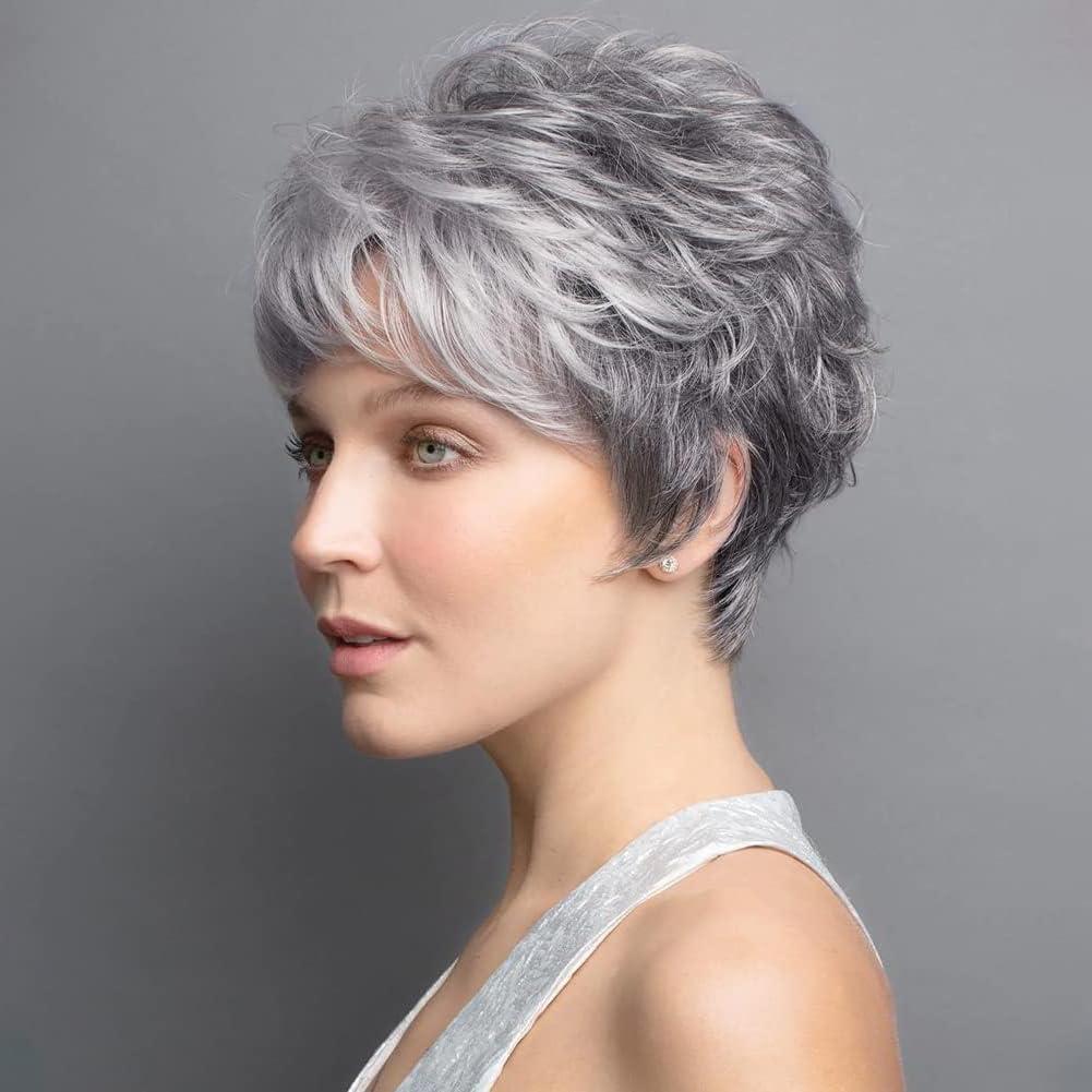Creamily Short Grey Pixie Cut Wigs with White Bangs Gray Pixie Layered Synthetic Hair Replacement Wig for Women Daily Wear Cosplay Halloween Costume Wigs