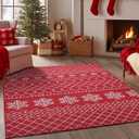 Snowflake Christmas Area Rug 8x10 Red for Living Room Indoor Washable Rug Xmas Non-Slipping Kitchen Rug Moroccan Alfombra Holiday Decor Geometric Soft Thin Carpet Bathroom Bedroom Dining Room