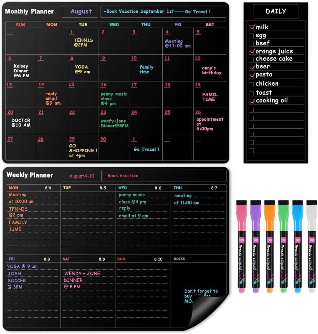 Fridge Black Whiteboard Calendar Set(3-Pack),1 Pcs Magnetic Weekly Board and 1 Pcs Refrigerator Planner Calendar,1 Pcs List and 6 Markers,Reward Chore Chart for Kids Multiple Kids Teens Adults Family
