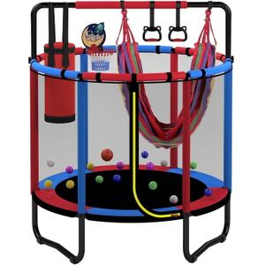 Calralry Mini Round Trampoline for Kids with Basketball Hoop, 55'' Indoor Outdoor Toddler Trampoline with Enclosure Net, Swing, Sandbag, Ring, Ocean Balls, Small Trampoline Gift for Boys Girls, Blue