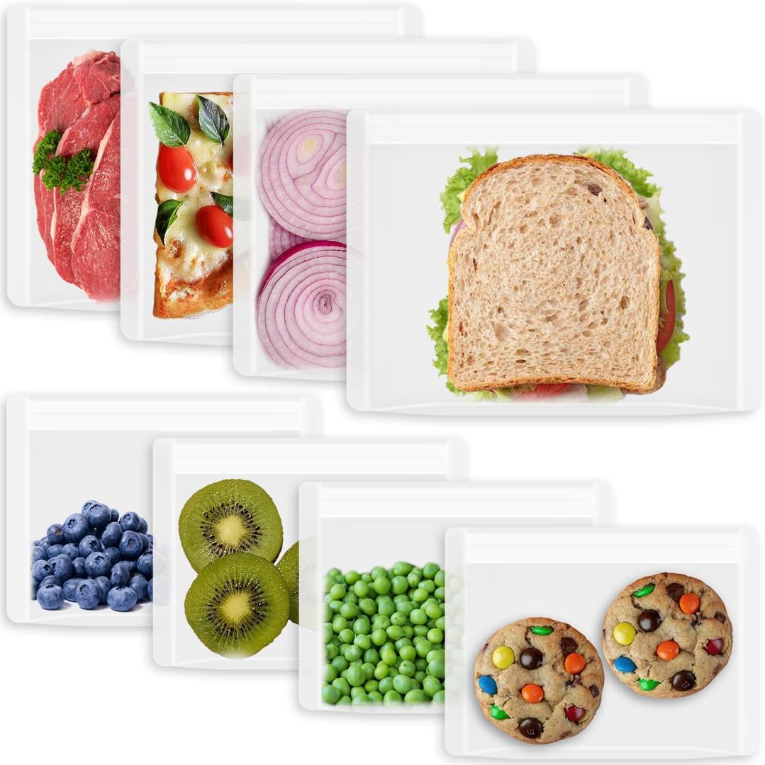 Annaklin Reusable Sandwich Bags & Snack Bags Set, 8 Pack, 100% Silicone Reusable Storage Bag, Soft Shell Ziplock Silicone Food Storage Containers, Freezer Microwave Oven Dishwasher Safe, Translucent