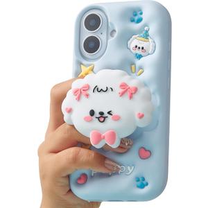 Kawaii 3D Dog Phone Case for iPhone 16 (with Retractable Phone Stand & Grip) Cute Girly Cartoon Soft Silicone Phone Cover for Girls, Kids, Teens, and Women, Blue