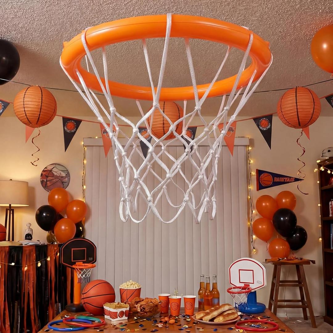 Lewtemi 1 Set Basketball Hoop Party Decorations, 27.6 in Inflatable Basketball Hoop with Net Hanging Decor for Senior Night, Sport Theme Birthday, College Sports Celebration Indoor Outdoor Decor