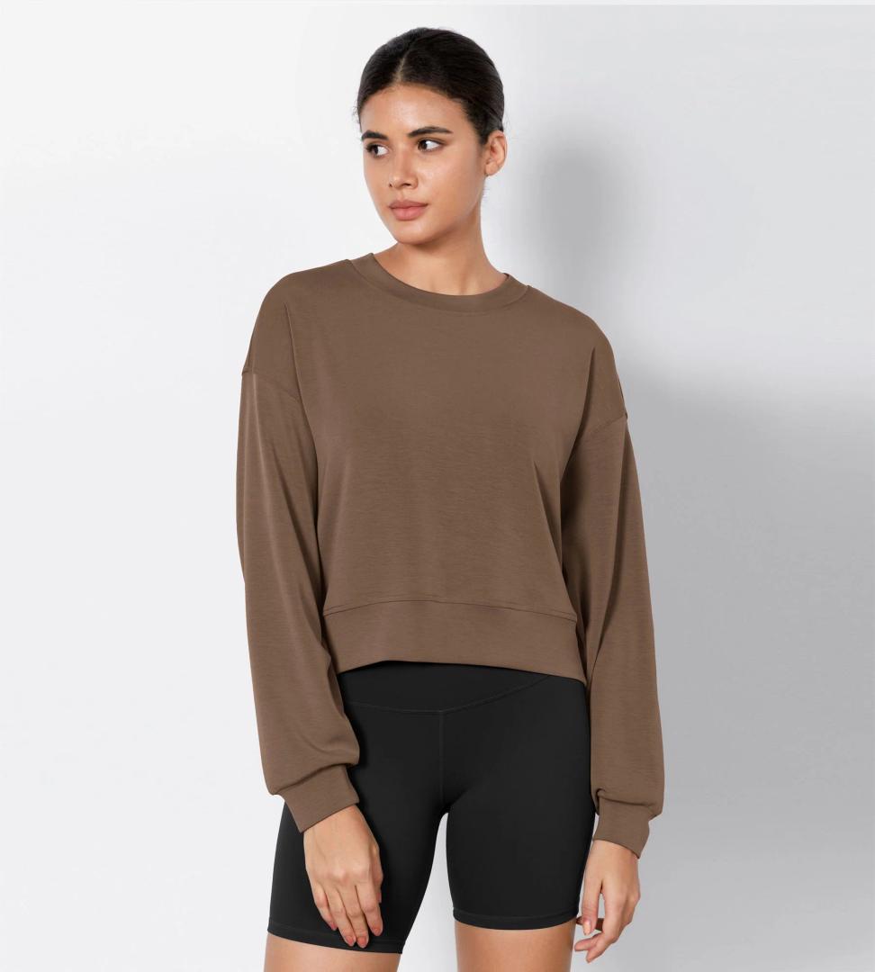 ODODOS Modal Soft Long Sleeve Cropped Sweatshirts for Women Oversized Crew Neck Pullover Crop Top (Brown, S)