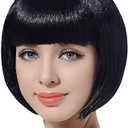 FREE BEAUTY Black Short Bob Flapper Cosplay Wig-Synthetic Costume Women's Natural Looking Halloween Party Christmas Bangs Wigs
