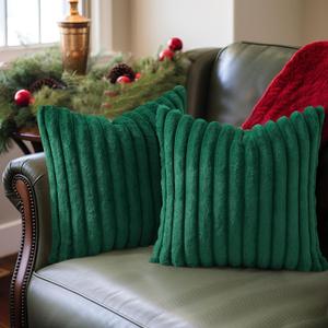 Pallene Faux Fur Plush Christmas Throw Pillow Covers 20x20 Set of 2, Luxury Soft Fluffy Striped Decorative Pillow Covers for Sofa, Couch, Living Room, Christmas Green