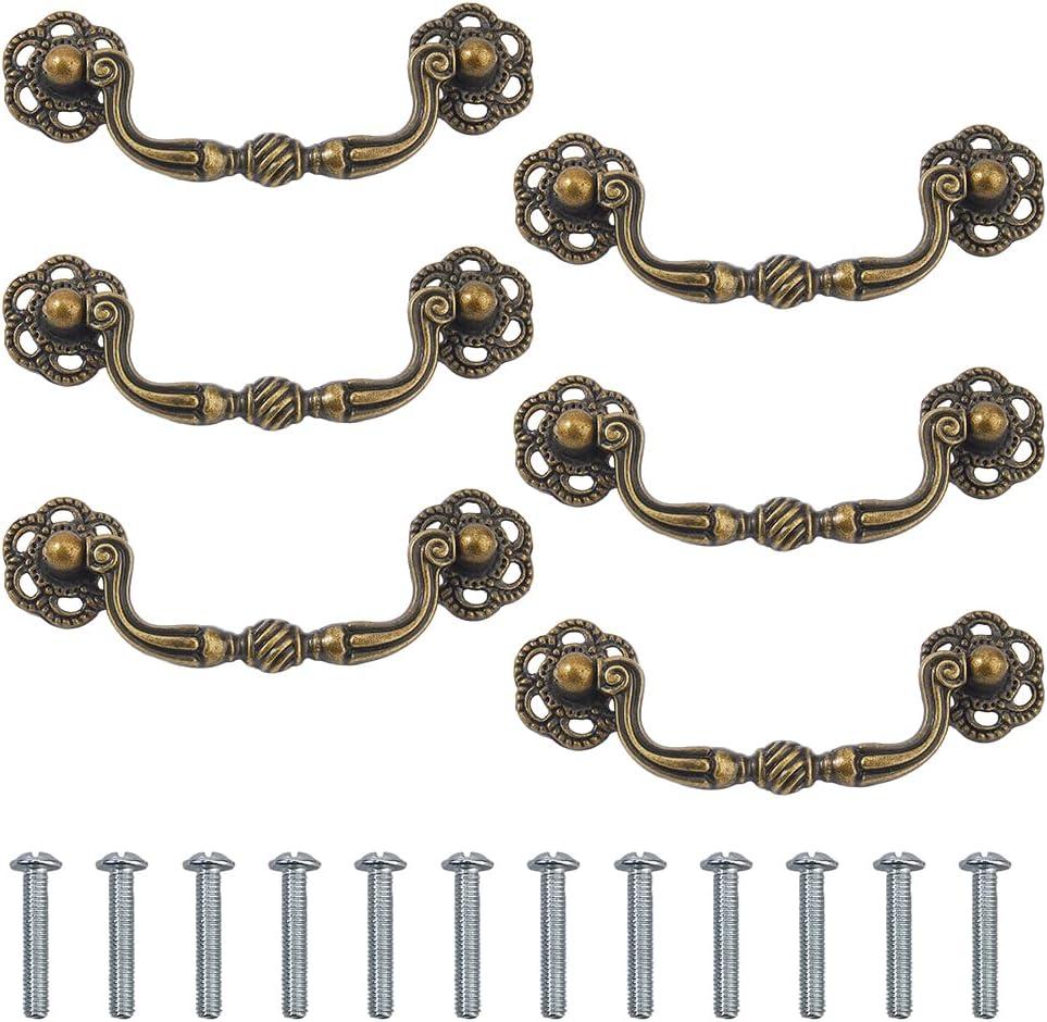 SUPERFINDINGS 6 Sets Vintage Antique Bronze Pull Handle 3.7" Hole Center Drawer Pulls Handles Retro Decorative Cabinet Pull Iron Drop Pulls Antique Drawer Handles Metal Handles for Cabinets Drawers