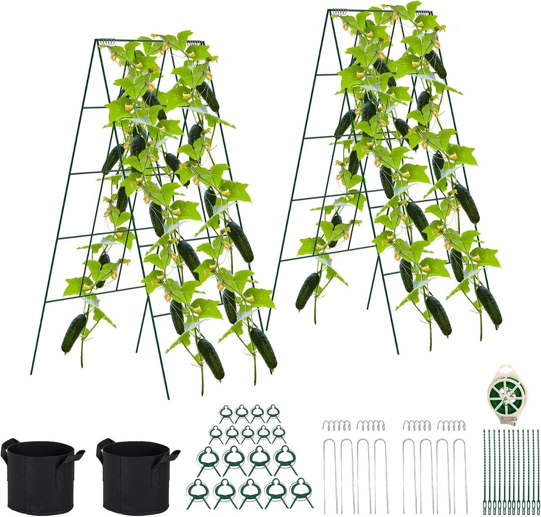 Foldable Cucumber Trellis - 2 Pack, A-Frame Garden Trellis 46" L x 18" W, Steel Climbing Plants Support Raised Bed Trellis with Twist Ties & Plant Bags for Climbing Plants Outdoor